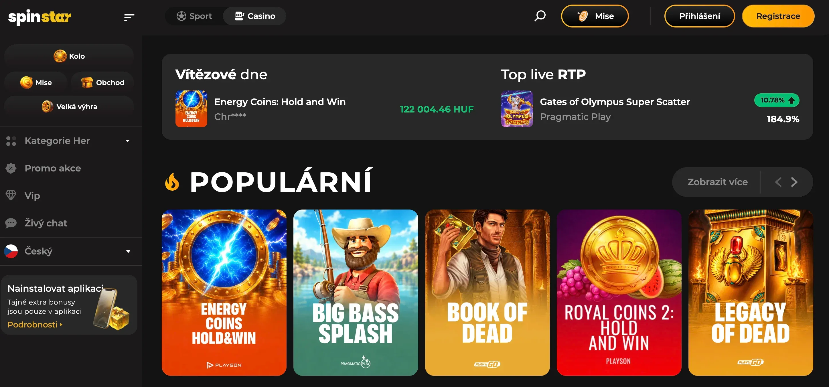 Domovská stránka Spinstar casino